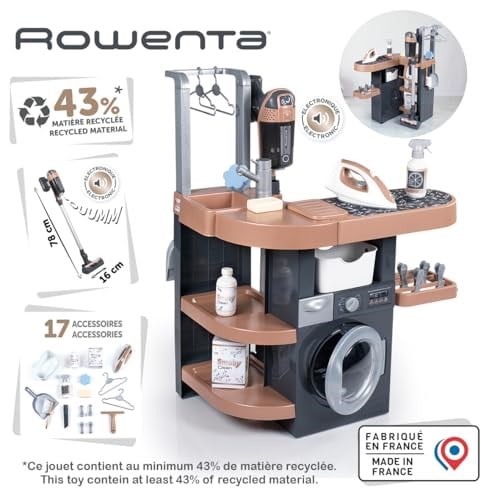 Smoby - Rowenta Ev Seti Çamaşır Odası - Çamaşır Makineli Oyun Çamaşır Odası, Ütü Masası, Elektrikli Süpürge ve Aksesuarlar - 3 Yaşından İtibaren Ev Oyun Seti, Geri Dönüşümlü Malzemeli
