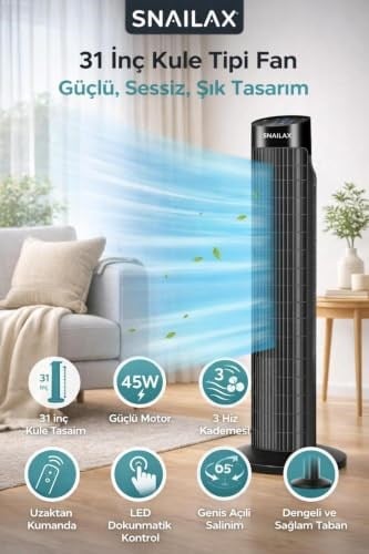 Snailax 45W Kule Tipi Vantilatör - Uzaktan Kumandalı ve Dijital Ekranlı Sessiz Oda Fanı, Geniş Açılı Salınımlı Serinletici Kule Fan