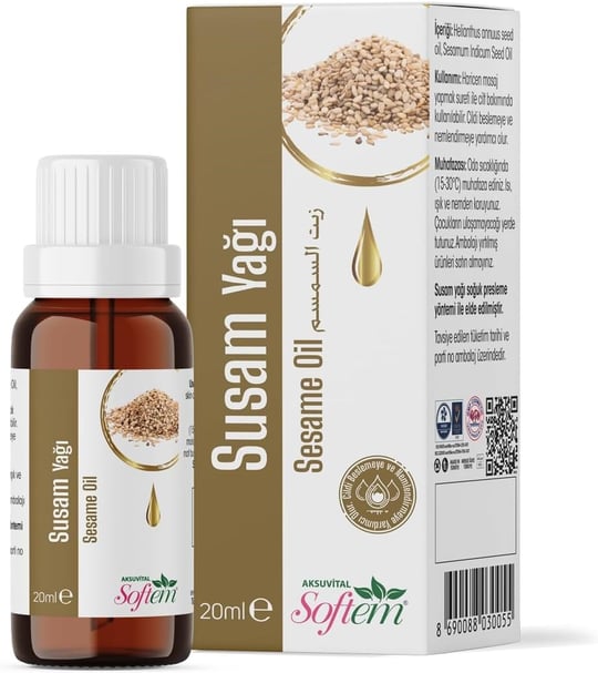 Softem Susam Yağı 20 Ml | Soğuk Pres Doğal Bitkisel Cilt ve Saç Bakım Yağı | E ve B Vitaminleri, Koenzim Q10, Güneşe Karşı Cilt Koruması, Nemlendirici ve Besleyici Etki, Dirsek ve Topuk Bakımına Uygun