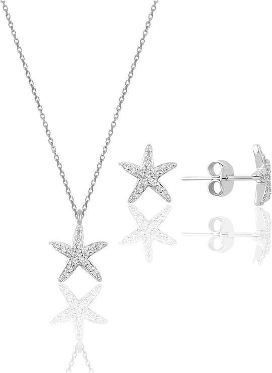 Söğütlü Silver Gümüş rodyumlu zirkon taşlı deniz yıldızı kolye ve küpe ikili set