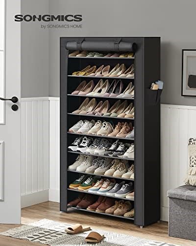 SONGMICS 10 Katlı Ayakkabı Rafı 28x88x160 cm Ayakkabı Dolabı, Ayakkabı Depolama, Toz Geçirmez Kapaklı Ayakkabı Organizatörü, Yüksek Topuklu Spor Ayakkabı için uygun, Metal Raf, siyah, RXJ36HV1