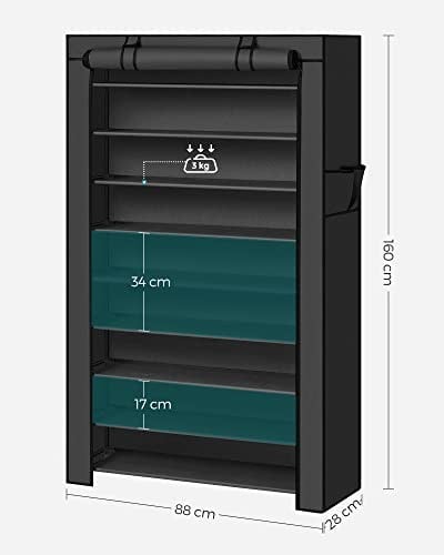 SONGMICS 10 Katlı Ayakkabı Rafı 28x88x160 cm Ayakkabı Dolabı, Ayakkabı Depolama, Toz Geçirmez Kapaklı Ayakkabı Organizatörü, Yüksek Topuklu Spor Ayakkabı için uygun, Metal Raf, siyah, RXJ36HV1