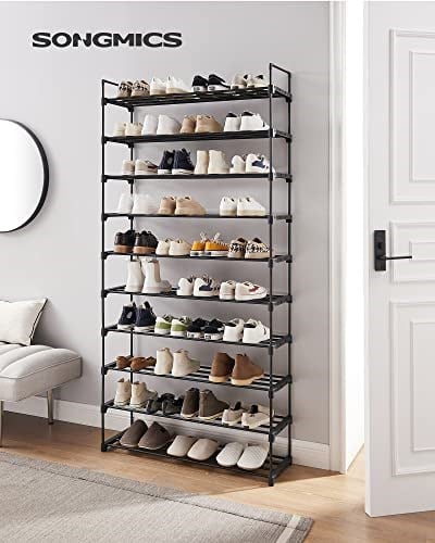SONGMICS 10 Seviyeli Ayakkabı Rafı, 50 Çifte Kadar Metal Ayakkabı Saklama Yeri, Oturma Odası, Koridor ve Giyinme Odası İçin Ayakkabı Düzenleyici, 92 x 30 x 194 cm, Siyah Lsa10Bk