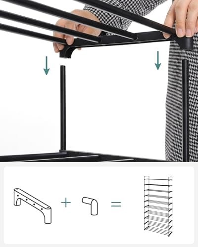 SONGMICS 10 Seviyeli Ayakkabı Rafı, 50 Çifte Kadar Metal Ayakkabı Saklama Yeri, Oturma Odası, Koridor ve Giyinme Odası İçin Ayakkabı Düzenleyici, 92 x 30 x 194 cm, Siyah Lsa10Bk