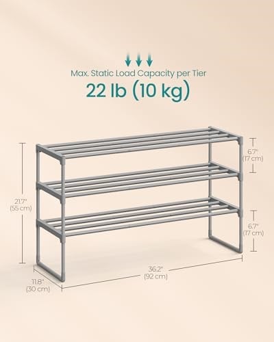 SONGMICS 3 Katmanlı Ayakkabı Rafı, Ayakkabı Saklama Düzenleyici, Metal Saklama Rafı, 12 İle 15 Çift Ayakkabıya Uygun, 30,5 x 92 x 55 cm, Gri Lsa303G01