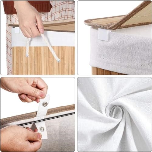 SONGMICS çamaşır sepeti, çamaşır toplayıcı, bambudan yapılmış, kulplu çamaşır sandığı, 3 bölme, klipsli kapak, 150 L, katlanabilir, çamaşır odası, yatak odası, banyo, doğal  - Seçenekler: 100 L, 150 L