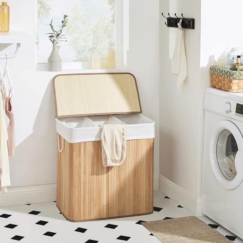 SONGMICS çamaşır sepeti, çamaşır toplayıcı, bambudan yapılmış, kulplu çamaşır sandığı, 3 bölme, klipsli kapak, 150 L, katlanabilir, çamaşır odası, yatak odası, banyo, doğal  - Seçenekler: 100 L, 150 L