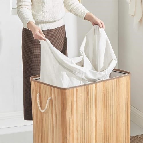 SONGMICS çamaşır sepeti, çamaşır toplayıcı, bambudan yapılmış, kulplu çamaşır sandığı, 3 bölme, klipsli kapak, 150 L, katlanabilir, çamaşır odası, yatak odası, banyo, doğal  - Seçenekler: 100 L, 150 L