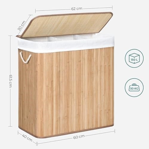 SONGMICS çamaşır sepeti, çamaşır toplayıcı, bambudan yapılmış, kulplu çamaşır sandığı, 3 bölme, klipsli kapak, 150 L, katlanabilir, çamaşır odası, yatak odası, banyo, doğal  - Seçenekler: 100 L, 150 L