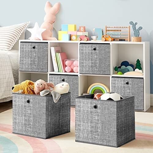 SONGMICS Saklama Kutusu, 6lı Set, Dokunmamış Kumaştan Yapılmış Saplı Düzenleme Kutuları, Katlanır Kutu, Giysi Saklama, Benekli Gri