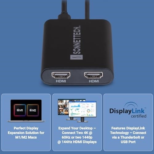 SoNNeT USB-C - Dual HDMI 2.1 adaptör – 60 Hz, HDR, HDCP, tak ve çalıştır özellikli iki 4K ekranı destekler, Thunderbolt 4/3, MacOS ve Windows ile uyumlu, profesyonel uygulamalar için ideal