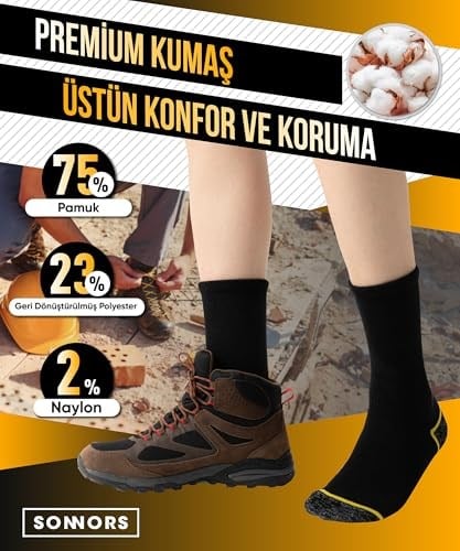 SONNORS 3 Çift Erkek Çorap - Uzun Havlu Kışlık Outdoor Kamp Kar Çorabı Kadın - Pamuklu Yastıklı Nefes Alabilen Kalın Çorap - Siyah