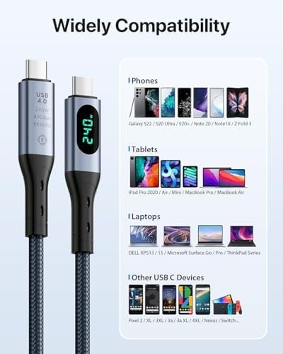 SOOPII LED Ekranlı USB4 Kablosu, 8K Video, Max 40Gbps Veri Aktarımı, 240W USB C - USB C Şarj Kablosu, lPhone 16, MacBook, Thunderbolt 3, Monitör, Yerleştirme İstasyonları (3.3 ft) ile uyumlu