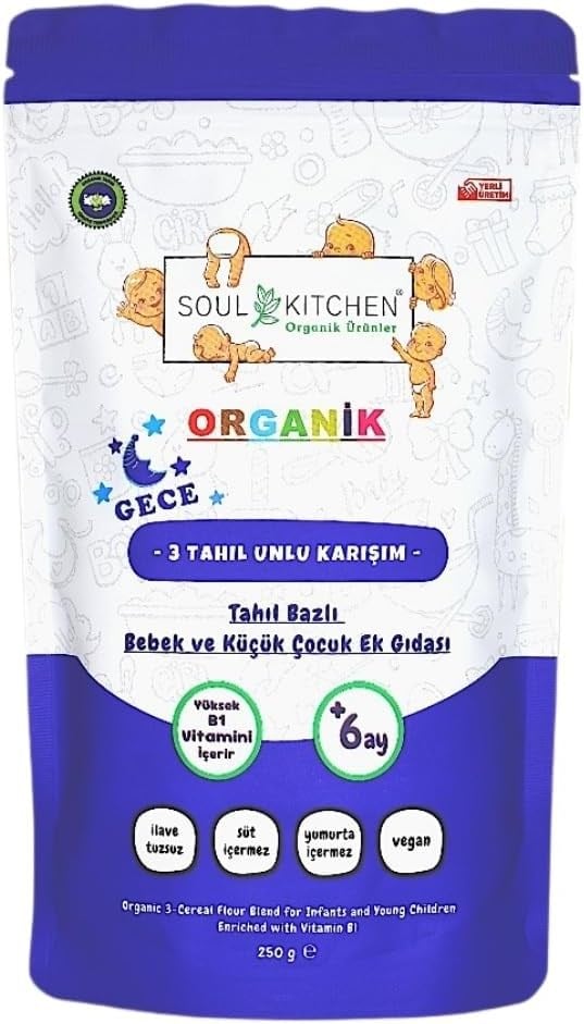 Soul Kitchen Organik Bebek Gece Maması Tahıl Bazlı B1 Vitaminli Ek Gıda 3 Tahıl Unlu Karışım 250gr