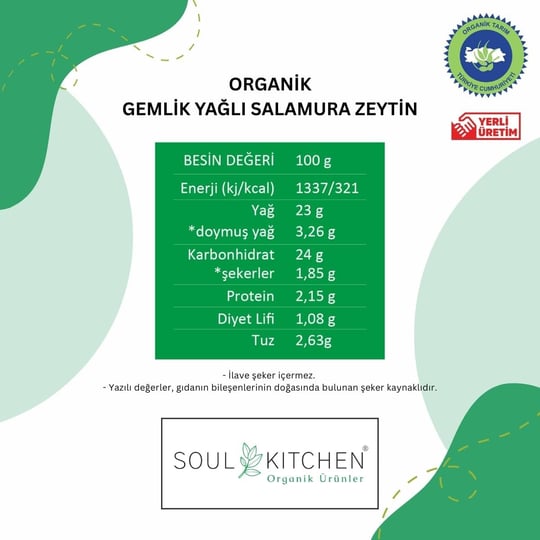 SOUL KITCHEN ORGANİK ÜRÜNLER Gemlik Yağlı Salamura Siyah Zeytin 700gr
