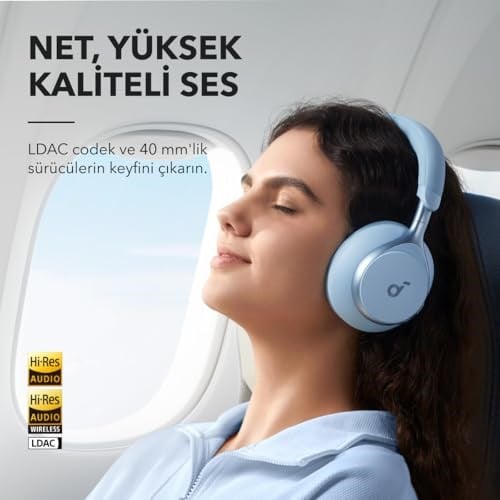 Soundcore Space One Kulak Üstü Bluetooth Kulaklık, Uyarlanabilir Aktif Gürültü Engelleme, 40 Saat Pil Ömrü, Yüksek Çözünürlüklü Ses, Hafif Tasarım, Mavi - A3035