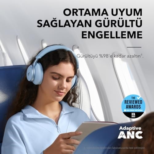 Soundcore Space One Kulak Üstü Bluetooth Kulaklık, Uyarlanabilir Aktif Gürültü Engelleme, 40 Saat Pil Ömrü, Yüksek Çözünürlüklü Ses, Hafif Tasarım, Mavi - A3035