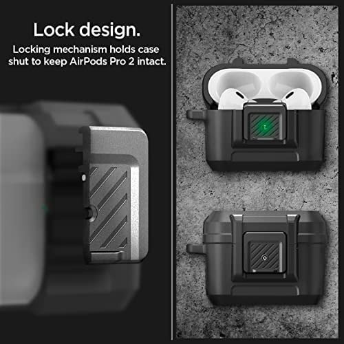 Spigen AirPods Pro 2 ile Uyumlu Kılıf Lock Fit Kilit Mekanizmalı Siyah Kapak - ACS05485 (Spigen TR Garantili) | Güvenli Kilitleme Klipsi, Çift Katmanlı Koruma, Dahil Karabina, Kablosuz Şarj Uyumlu - M