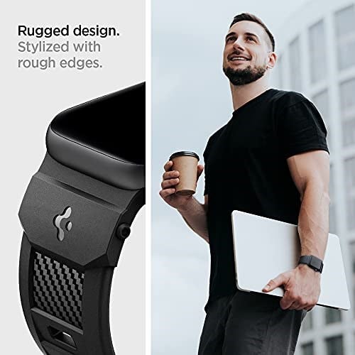 Spigen Apple Watch 49/46/45mm Ultra 3/2/1 / Seri 11/10/9/8/7 ile Uyumlu Kordon Band Rugged Band Darbelere Dayanıklı Silikon Siyah Karbon Kayış - AMP02854 (Spigen TR Garantili)