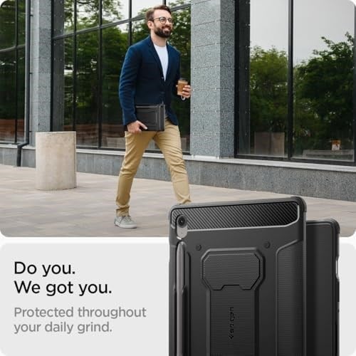 Spigen Galaxy Tab S10 FE / S9 ile Uyumlu Kılıf Rugged Armor Pro Stand özellikli Üst Düzey Koruma Siyah Karbon Kapak - ACS09380 (Spigen TR Garantili)