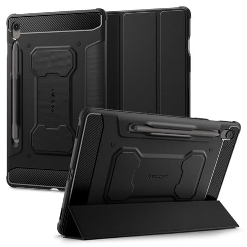 Spigen Galaxy Tab S10 FE / S9 ile Uyumlu Kılıf Rugged Armor Pro Stand özellikli Üst Düzey Koruma Siyah Karbon Kapak - ACS09380 (Spigen TR Garantili)