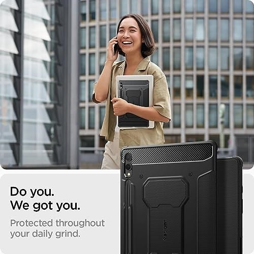 Spigen Galaxy Tab S10 Plus / S9 Plus ile Uyumlu Kılıf Rugged Armor Pro Stand özellikli Üst Düzey Koruma Siyah Karbon Kapak - ACS0 - Seçenekler: Galaxy tab S10/S9 Plus, Galaxy Tab S10/9/8 Ultra (14.6