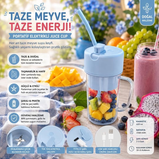 Spinx Şarjlı Taşınabilir Blender Smoothie Makinesi 420 ml Portatif Meyve Sıkacağı Bardağı - Mavi