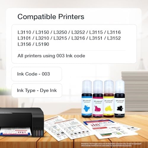 Splashjet Epson L3110, L3150, L3250, L3252, L3115, L3116, L3101, L3210, L3215, L3216, L3151, L3152, L3156, L5190 Prins için 003 Uyumlu Yedek Mürekkep ters (çok renkli, 70 gm) - 501737