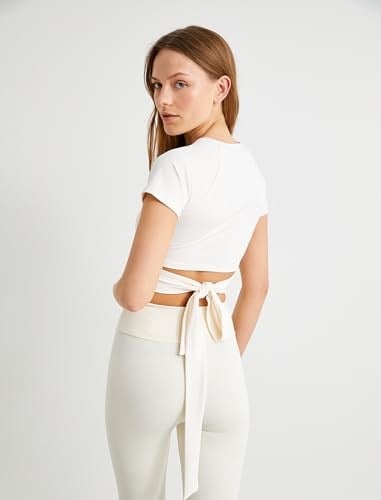 Spor Crop Yoga Tişört Kısa Kollu Bisiklet Yaka Bağlama Detaylı Slim Fit