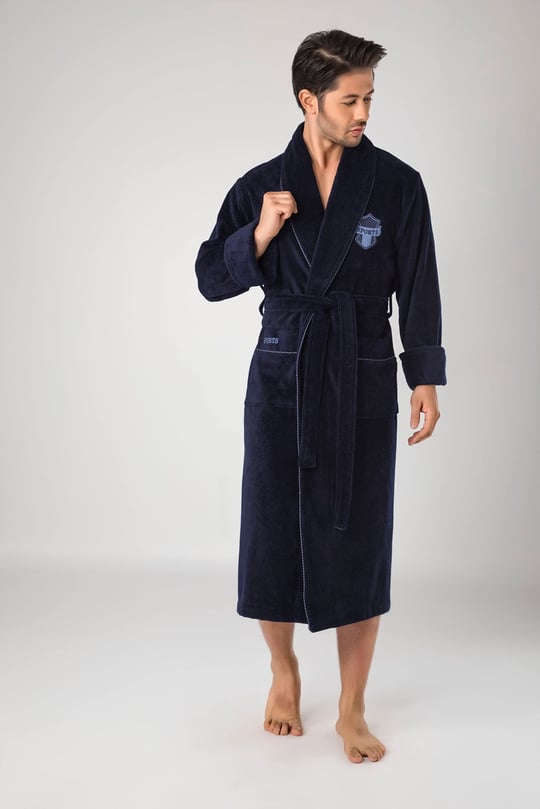 Sports Nakışlı Bambo Cotton Erkek Bornozu LACİVERT 3XL