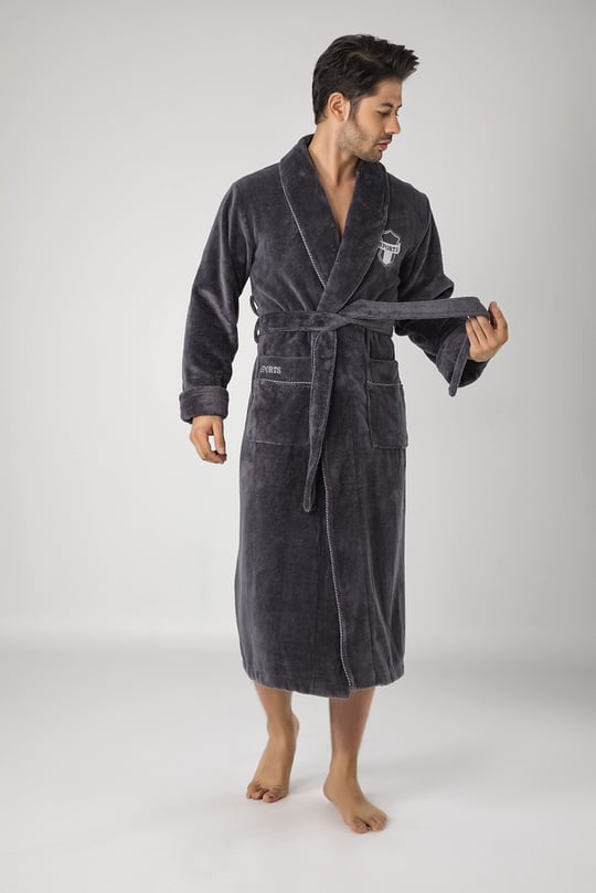 Sports Nakışlı Bambo Cotton Erkek Bornozu Antrasit L/XL