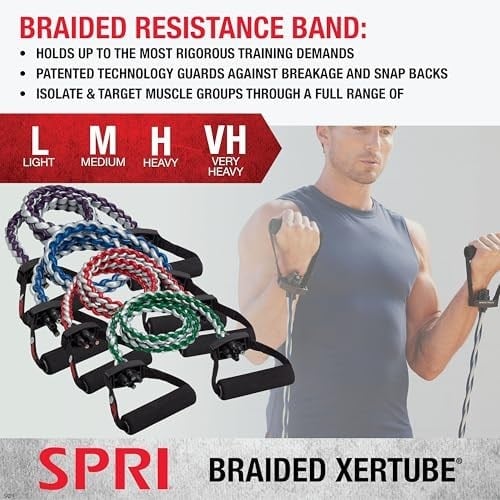 SPRI Örgülü Xertube direnç bantları - Erkekler ve kadınlar için birinci sınıf egzersiz bandı - ev spor salonu fitness antrenmanı için egzersiz ekipmanları - Güç, ağırlık ve direnç için konforlu