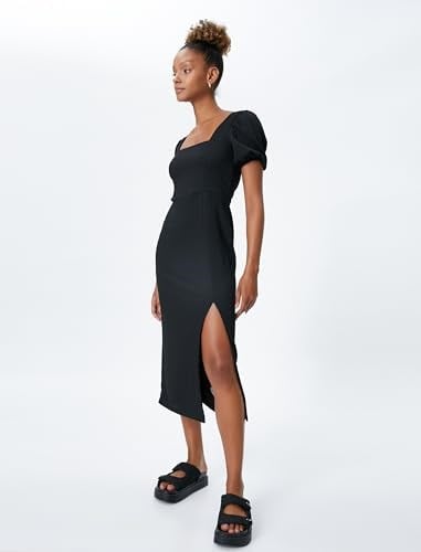 Square Neck Puff Sleeve Midi Slit Dress