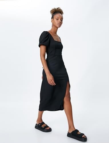 Square Neck Puff Sleeve Midi Slit Dress