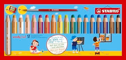 STABILO woody 3ü 1 arada - Çok Özellikli Kalem - 18li Paket - Çeşitli Renkler + Kalemtıraş ve Boyama Fırçası