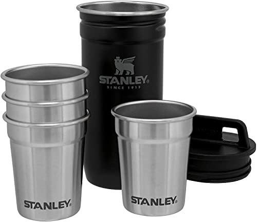 Stanley Adventure Pre-Party Flask and Nesting Shot Glass Set | 8 oz Leakproof Hip Flask | 4 Shot Glasses in Travel Carrying Case | Insulated Stainless Steel Liquor Flask | BPA-Free | Matte Black