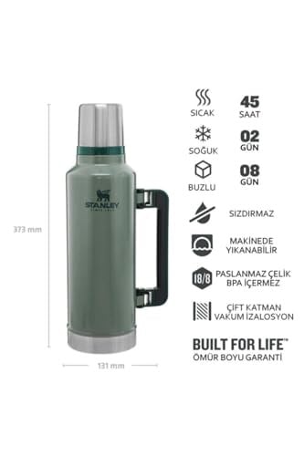 Stanley Classic Legendary Vakumlu Çelik Termos, 1.9 Litre, Yeşil (Hammertone Green)