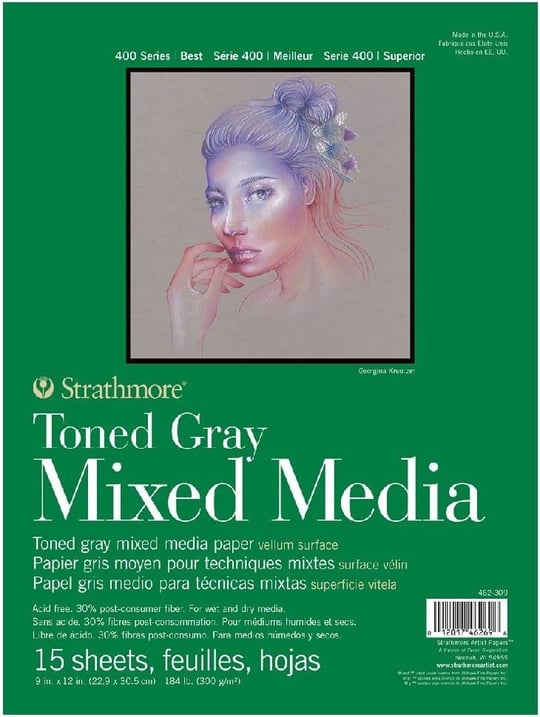 Strathmore Toned Gray Mixed Media, 400lü Serisi, Gri, Geri Dönüştürülmüş Karışık Medya Kağıdı, 300 g/m², Kısa Tarafı Yapıştırılmış Blok, 23 x 31 cm, Gri, 15 Yaprak