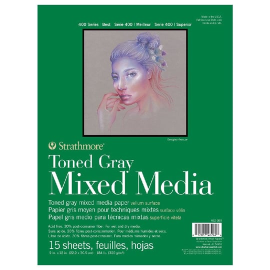Strathmore Toned Gray Mixed Media, 400lü Serisi, Gri, Geri Dönüştürülmüş Karışık Medya Kağıdı, 300 g/m², Kısa Tarafı Yapıştırılmış Blok, 23 x 31 cm, Gri, 15 Yaprak