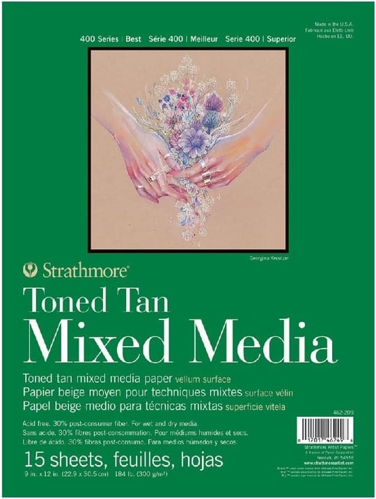 Strathmore Toned Gray Mixed Media, 400lü Serisi, Gri, Geri Dönüştürülmüş Karışık Medya Kağıdı, 300 g/m², Kısa Tarafı Yapıştırılmış Blok, 23 x 31 cm, Gri, 15 Yaprak
