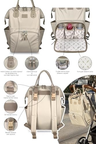 Stylo 3lü Set Anne Bebek Bakım Sırt Çantası & Urban Anne Bebek Omuz Çantası ve Termos Çanta