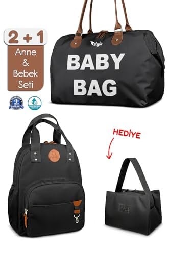 Stylo Bebek Bakım Kadın Omuz Çantası + Popi Anne Kadın Sırt Çantası Termos Çanta Hediye (POPİBABYSİYAH)