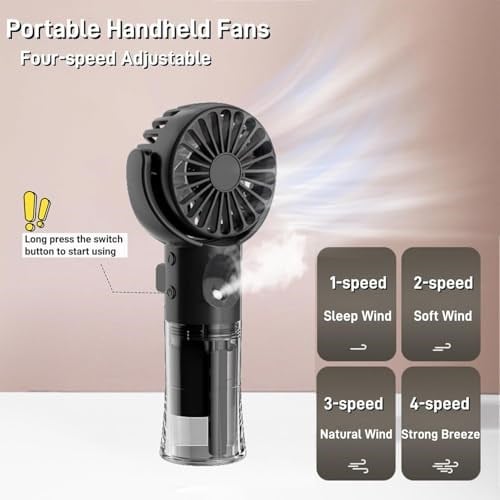 Su Sisi Spreyli Taşınabilir El Fan, 4 Hızlı USB Şarj Edilebilir Fanlar, Akülü Soğutma Sisi Fanı, Ofis Dış Mekan Seyahat Kamp için Kişisel Mini El Tipi Fan (Siyah)