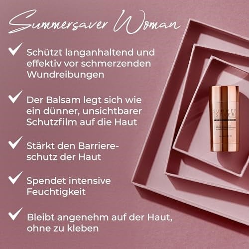 SUMMERSAVER Kadın yara önleyici çubuk, yara sürtünmelerine karşı uzun süreli ve etkili koruma, dermatolojik olarak test edilmiştir, SUMMERSAVER alüminyum içermez, PEG içermez, vegan, hayvanlar