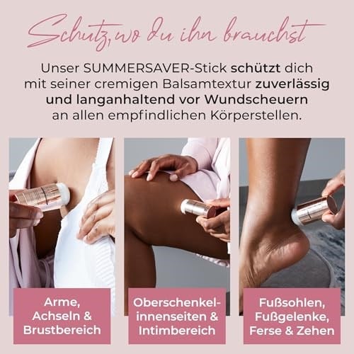 SUMMERSAVER Kadın yara önleyici çubuk, yara sürtünmelerine karşı uzun süreli ve etkili koruma, dermatolojik olarak test edilmiştir, SUMMERSAVER alüminyum içermez, PEG içermez, vegan, hayvanlar
