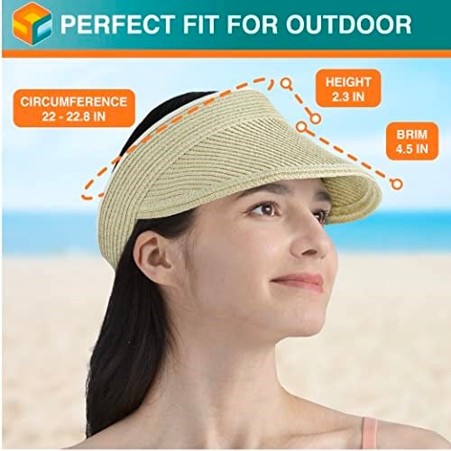 SUN CUBE Güneşlik Şapkası Kadın, Plaj Şapkası Geniş Kenarlı Hasır UV Koruması, Katlanabilir Paketlenebilir Şapka, Roll Up At Kuyruğu Yaz Siperliği