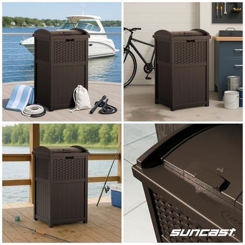 Suncast GHW1732 Dış Mekan Plastik 125 Litre Hasır Çöp Kutusu, Kahverengi