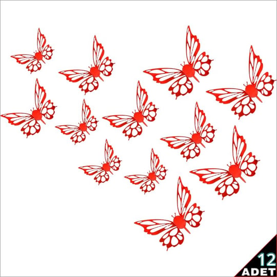 SüSLe Bebek ve Parti 3 Boyutlu Kelebek, Karton Sticker 12 Adet - Metalik Kırmızı