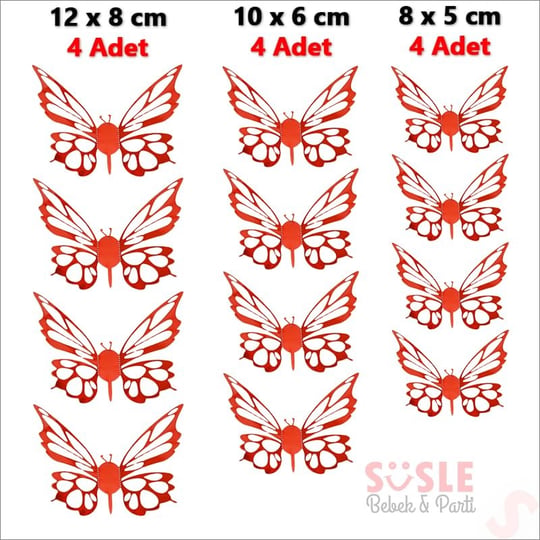 SüSLe Bebek ve Parti 3 Boyutlu Kelebek, Karton Sticker 12 Adet - Metalik Kırmızı