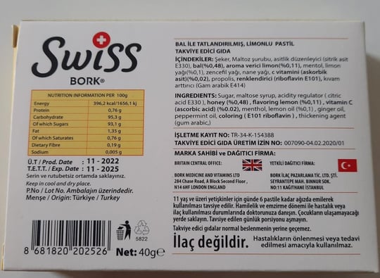 Swiss Bork Bal & Limon &Propolis Aromalı Pastil